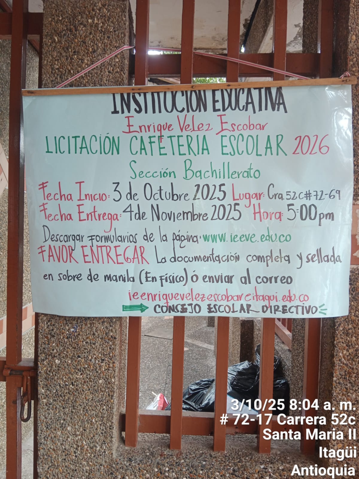 LICITACIÓN PÚBLICA CAFETERÍA ESCOLAR SEDE BACHILLERATO DE LA INSTITUCIÓN EDUCATIVA ENRIQUE VÉLEZ ESCOBAR